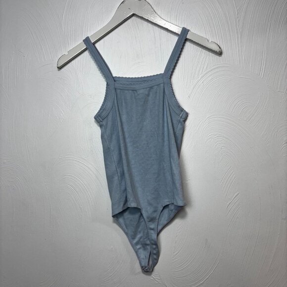 New Nordstrom BP Picot Trim Cotton Blend Rib Bodysuit Blue Cashmere Womens XS - Picture 6 of 6